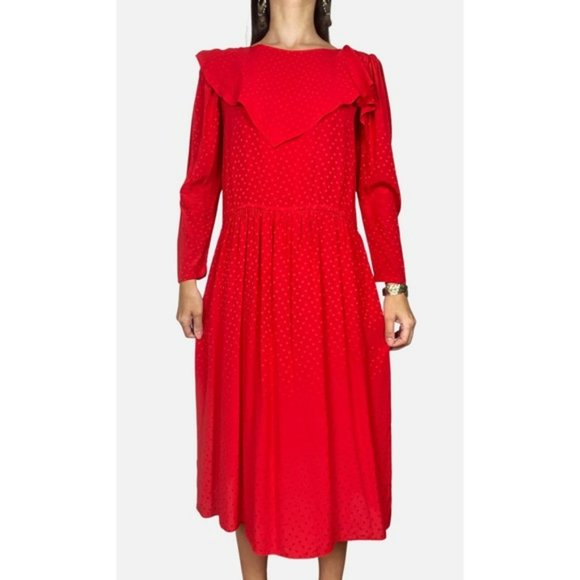 Carla Zampatti Dresses Carla Zampatti Vintage 98s Red Pure Silk Long Sleeve Midi Dress